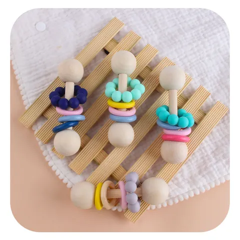 Giocattolo Sonaglio Massaggiagengive in Legno Con Perline in Silicone Faggio Allenamento Presa Neonato Montessori Sensoriale