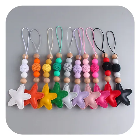 Handmade Colorful Star Pendant Keychain Silicone Wooden Beads Crochet Ball PU Leather Star Hanging Decor For Bag Stroller