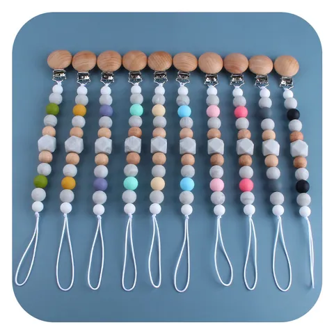 Catenella Portaciuccio per Neonati in Perle di Silicone e Legno di Faggio Massaggiagengive Supporto Anti-Caduta per Bambini