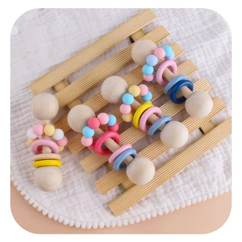 Giocattolo Sonaglio Massaggiagengive in Legno Con Perline in Silicone Faggio Allenamento Presa Neonato Montessori Sensoriale