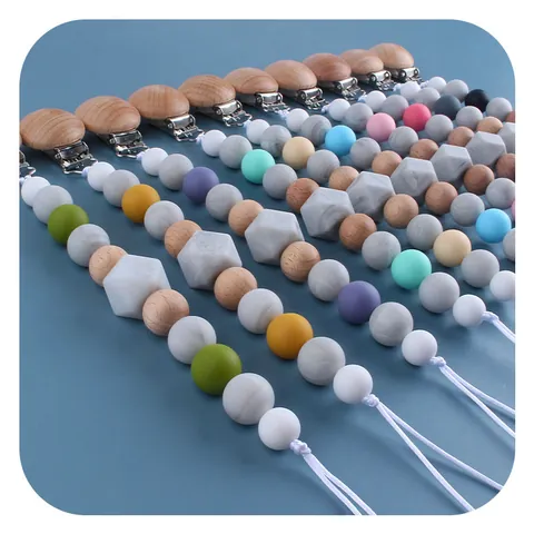 Catenella Portaciuccio per Neonati in Perle di Silicone e Legno di Faggio Massaggiagengive Supporto Anti-Caduta per Bambini