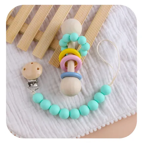 Baby Wooden Rattle Teether And Silicone Bead Pacifier Clip Natural Beech Wood Soothing Toy For Infants Toddlers Nursing Relief