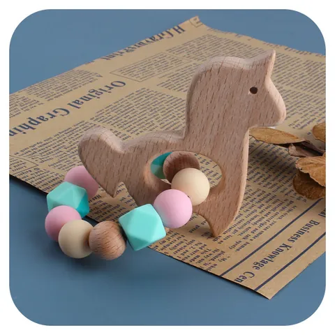 Cartoon Animal Beech Wood Baby Teether Silicone Beads Bracelet Infant Grasping Toy For Toddlers Teething Relief Gift