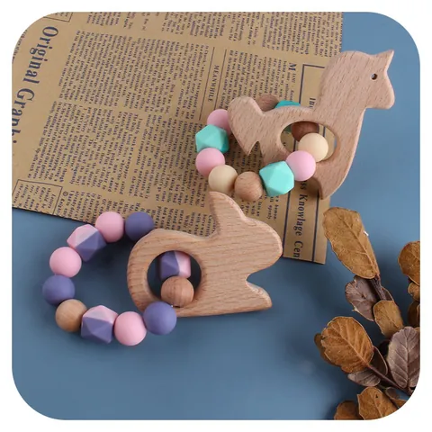 Cartoon Animal Beech Wood Baby Teether Silicone Beads Bracelet Infant Grasping Toy For Toddlers Teething Relief Gift
