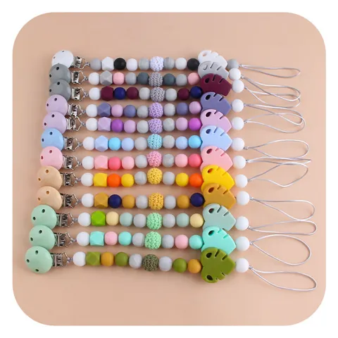 Baby Pacifier Clip Silicone Teether Monstera Leaf Soothing Chain For Infant Boxwood Beads Teething Toy Nursing Accessories