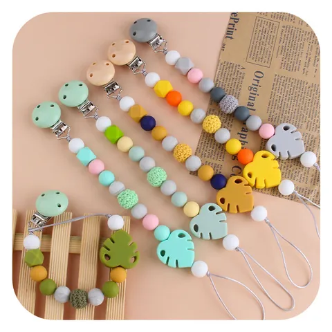 Baby Pacifier Clip Silicone Teether Monstera Leaf Soothing Chain For Infant Boxwood Beads Teething Toy Nursing Accessories