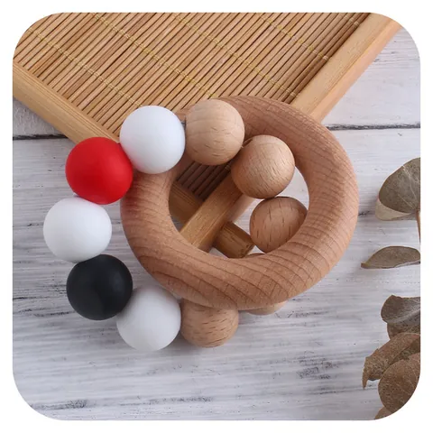 Baby Beech Wood Ring Silicone Bead Teether Bracelet Macaron Color Soothing Grasping Toy For Infants Teething Relief
