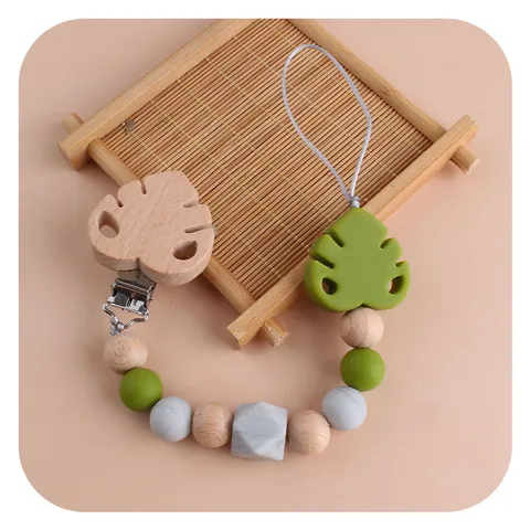 Baby Silicone Beech Wood Monstera Leaf Pacifier Clip Teether Chain BPA Free Infant Soother Holder Leash Newborn Teething Toy