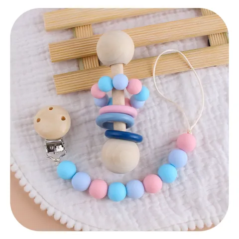 Baby Wooden Rattle Teether And Silicone Bead Pacifier Clip Natural Beech Wood Soothing Toy For Infants Toddlers Nursing Relief