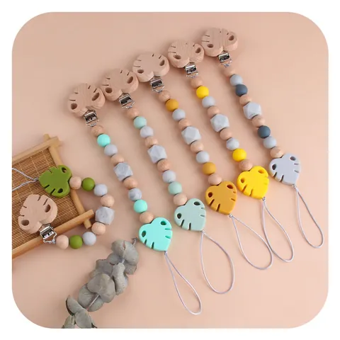 Baby Silicone Beech Wood Monstera Leaf Pacifier Clip Teether Chain BPA Free Infant Soother Holder Leash Newborn Teething Toy