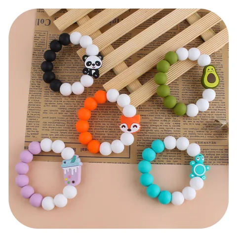 Baby Silicone Teether Bracelet Cartoon Animal Avocado Elephant Panda Soothing Molar Toy For Infant Toddler Teething Relief