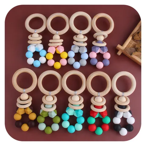 Baby Silicone Teether Natural Wood Ring Rattle Toy Infants Food Grade Geometric Beads Soothing Grasping Training Toy DIY Teething Ring