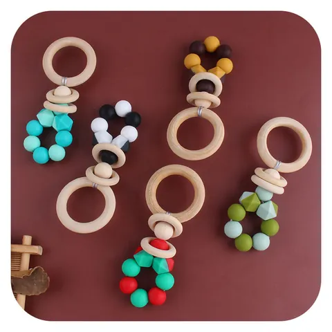 Baby Silicone Teether Natural Wood Ring Rattle Toy Infants Food Grade Geometric Beads Soothing Grasping Training Toy DIY Teething Ring