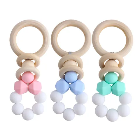 Baby Teether Wood Ring Silicone Beads Rattle Toy Natural Soothing Molar Ring For Infants Sensory Development Teething Gift