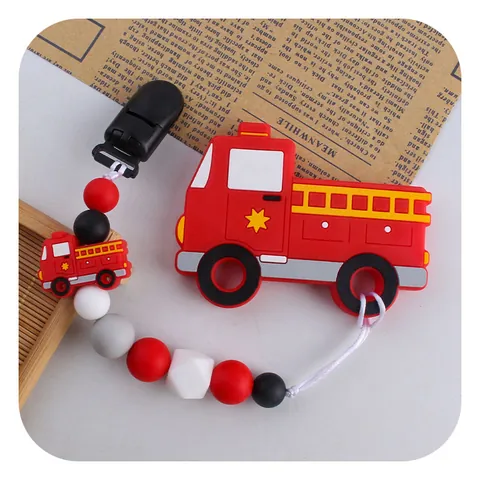 Cartoon Fire Truck Baby Silicone Teether And Pacifier Clip Set For Infant Soothing Teething Relief Food Grade Material BPA Free