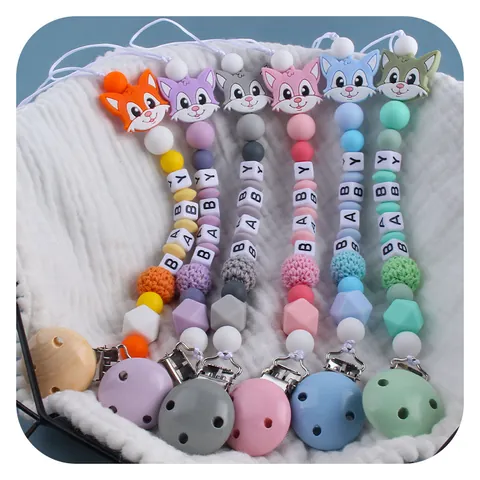 Cartoon Fox Silicone Baby Pacifier Clip Teething Relief Chain Handmade Crochet Bead Teether For Infants Toddlers Baby Gift