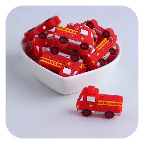 Cartoon Fire Truck Silicone Teether Beads BPA Free Food Grade Silicone For DIY Pacifier Chain Baby Teething Soothing Accessories