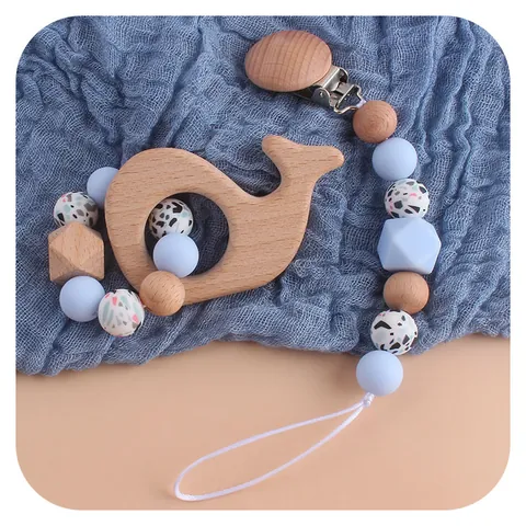 Silicone Beech Wood Baby Pacifier Clip Teether Set Leopard Beads Animal Shape Teething Toy For Infant Nursing Accessory