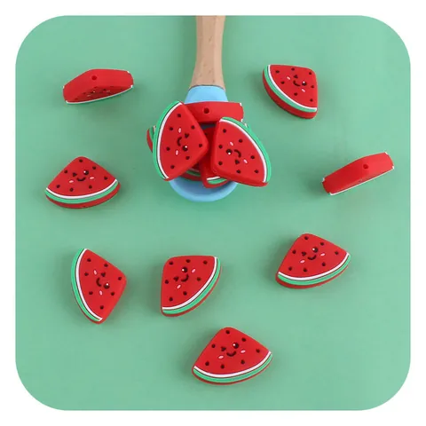 Cartoon Wassermelone Silikon Beißperlen DIY Schnullerkette Zubehör Silikon Baby Beißspielzeug Perlen Mit Lächeln Gesicht