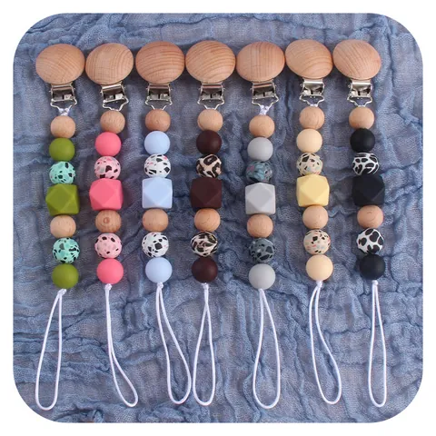 Silicone Beech Wood Baby Pacifier Clip Teether Set Leopard Beads Animal Shape Teething Toy For Infant Nursing Accessory