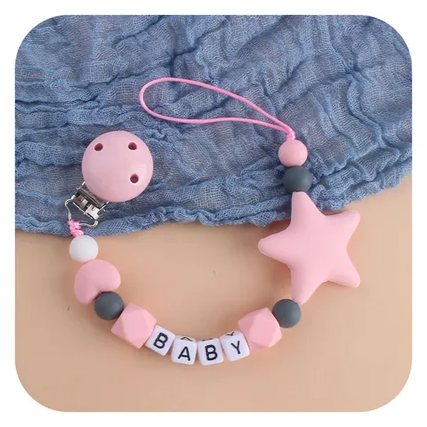 Silicone Baby Pacifier Clip Star Heart Beads Teether Chain With Baby Letter Beads BPA Free Newborn Gift Toy Holder