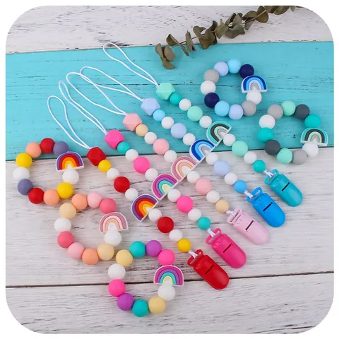 Silicone Baby Teether Bracelet And Pacifier Clip Rainbow Cartoon Beaded Teething Relief For Infants Toddlers Nursing Accessories