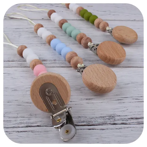 Beech Wood Silicone Pacifier Clip For Baby Teething Relief Beads Chain Soother Holder For Infants Newborn Nursing Supplies