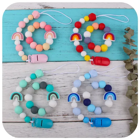 Silicone Baby Teether Bracelet And Pacifier Clip Rainbow Cartoon Beaded Teething Relief For Infants Toddlers Nursing Accessories