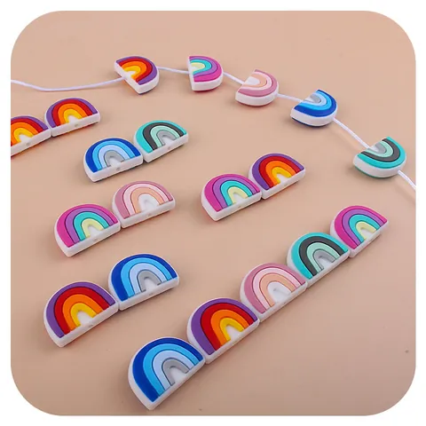Silicone Rainbow Beads For Baby Teether DIY Pacifier Chain Cartoon Food Grade Silicone Chewable Beads Accessory