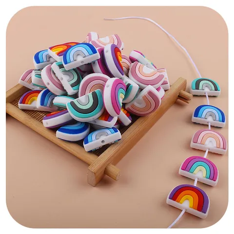 Silicone Rainbow Beads For Baby Teether DIY Pacifier Chain Cartoon Food Grade Silicone Chewable Beads Accessory