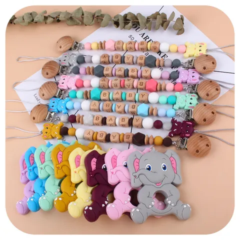 Baby Elephant Silicone Teether And Pacifier Clip Food Grade Silicone Wooden Beads Teething Toy For Infant Toddler BPA Free Newborn Gift