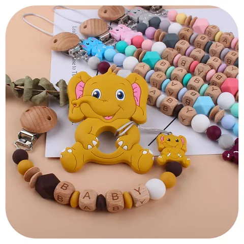 Baby Elephant Silicone Teether And Pacifier Clip Food Grade Silicone Wooden Beads Teething Toy For Infant Toddler BPA Free Newborn Gift