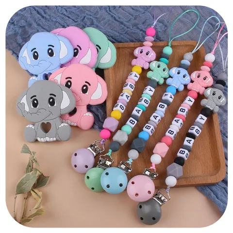 Cartoon Elephant Baby Teether Pacifier Clip Chain Set Food Grade Silicone Beads Anti-Drop Soothing Toy For Infants Toddlers