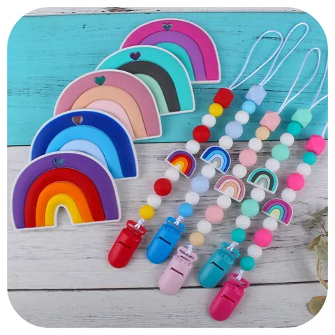 Baby Silicone Rainbow Teether And Pacifier Clip Chain Food Grade Soft Chew Toy For Infant Toddler Teething Relief