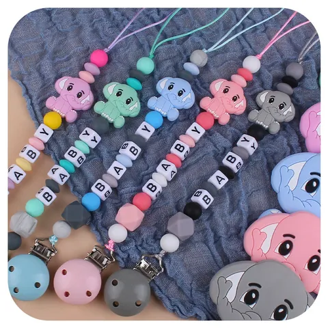 Cartoon Elephant Baby Teether Pacifier Clip Chain Set Food Grade Silicone Beads Anti-Drop Soothing Toy For Infants Toddlers