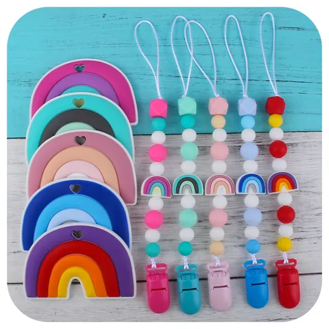 Baby Silicone Rainbow Teether And Pacifier Clip Chain Food Grade Soft Chew Toy For Infant Toddler Teething Relief