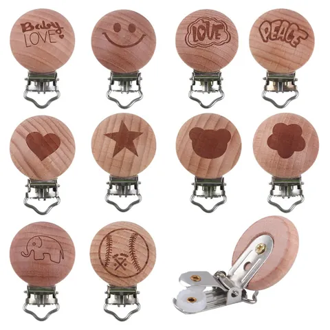 Beech Wood Pacifier Clip For Baby Round Laser Engraved Cartoon Animal Heart Pattern Stainless Steel Soother Holder Clothing Accessory