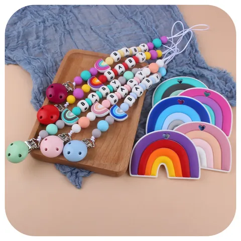 Baby Silicone Rainbow Teether And Pacifier Clip BPA Free Soothing Teething Toy With Letter Beads For Infants Boys Girls