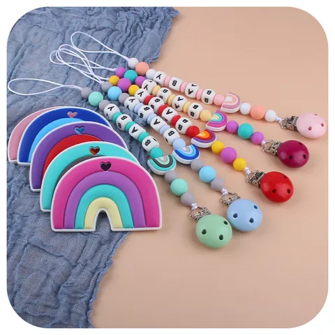 Baby Silicone Rainbow Teether And Pacifier Clip BPA Free Soothing Teething Toy With Letter Beads For Infants Boys Girls
