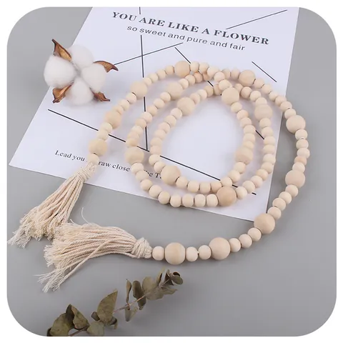 Nordic Wood Bead Garland With Cotton Tassels Home Decor Smile Face Heart Wooden Bead String Curtain Tie Back Boho Ornament