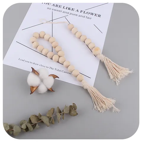 Nordic Wood Bead Garland With Cotton Tassels Home Decor Smile Face Heart Wooden Bead String Curtain Tie Back Boho Ornament