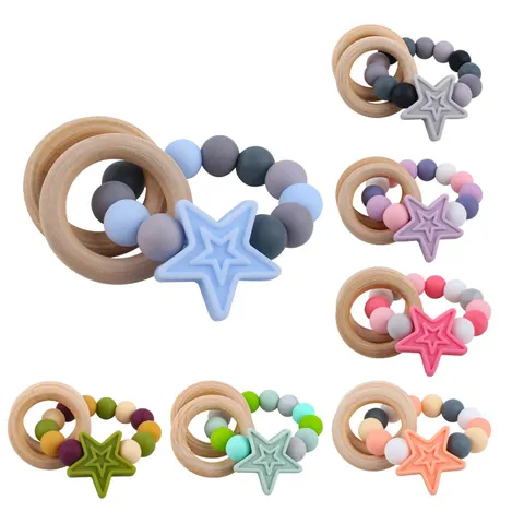 Baby Silicone Beech Wood Star Teether Ring Toy BPA Free Sensory Grasping Bracelet For Infants Toddlers Nursing Teething Relieve Toys