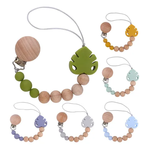 Beech Wood Silicone Baby Pacifier Clip Teether Chain Monstera Leaf Anti-Drop Soother Holder For Infants Teething Toy