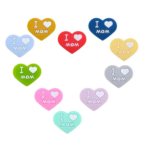 Perline in Silicone a Cuore Doppio Lato I Love Mom Dad Fai da Te Accessori per Catenella Ciuccio Alimentare Sollievo Dentizione