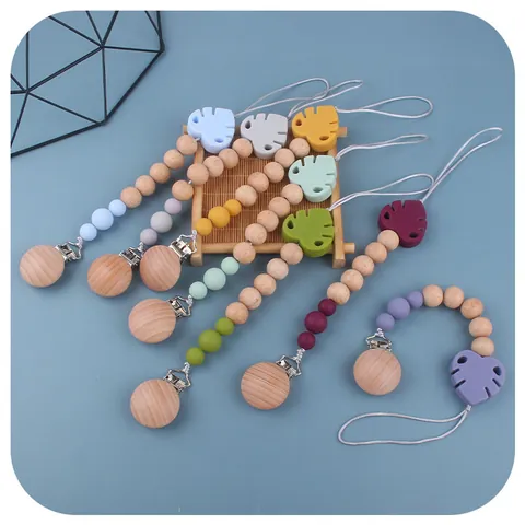 Beech Wood Silicone Baby Pacifier Clip Teether Chain Monstera Leaf Anti-Drop Soother Holder For Infants Teething Toy
