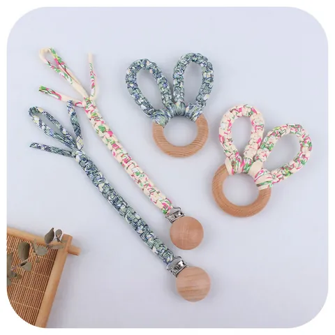 Handmade Woven Baby Pacifier Clip And Beech Wood Teether Rabbit Ear Cotton Soothing Teething Toy For Infants Gift