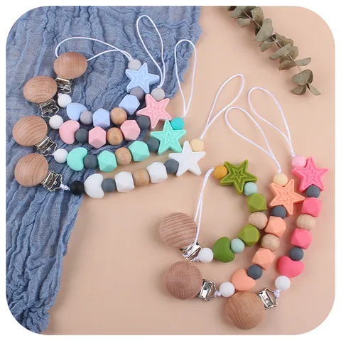 Baby Silicone Pacifier Clip Soothing Beech Wood Holder Star Heart Anti-Drop Chain Teether For Infant Toddler
