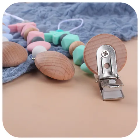 Baby Silicone Pacifier Clip Soothing Beech Wood Holder Star Heart Anti-Drop Chain Teether For Infant Toddler