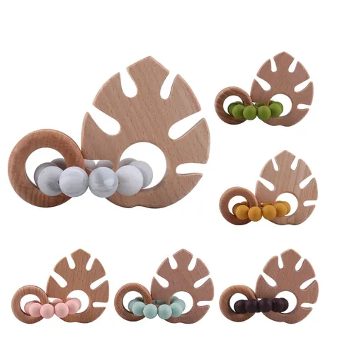 Silicone Beech Wood Baby Teether Bracelet Monstera Leaf Shape Beaded Teething Ring BPA Free Infant Grasping Soothing Toy