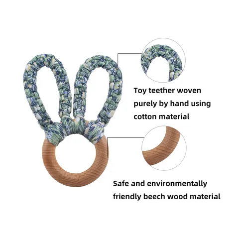 Baby Teether Toy Beech Wood Ring Handmade Woven Cotton Rabbit Ear Soothing Teething Relief Toy For Infants Toddlers Toy